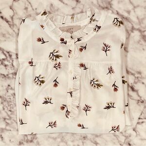 LOFT Ivory Floral Button Down Blouse Sz XL Ruffle Neck Ruffle Button Placket